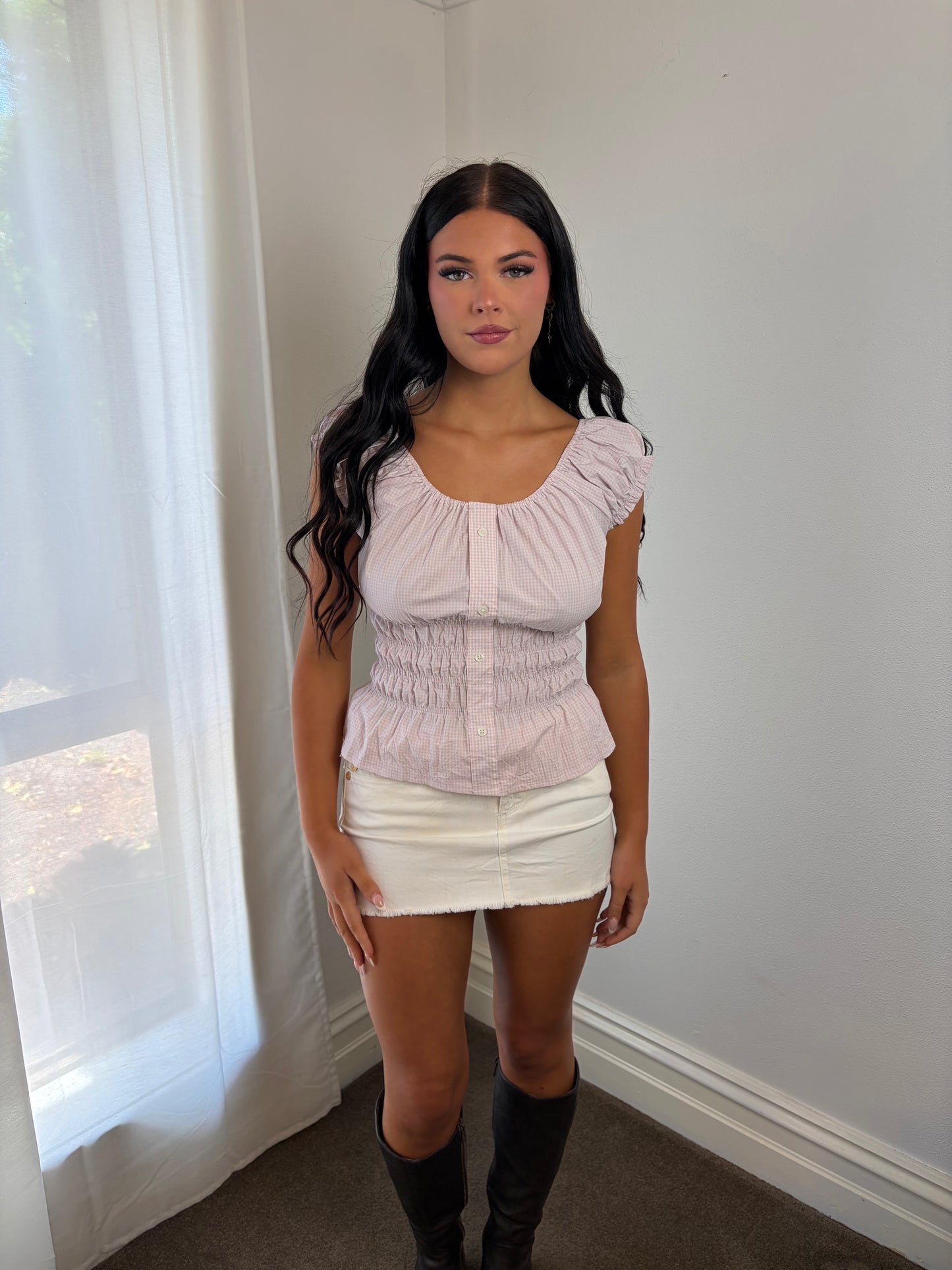 Vintage Blush Gingham Shirred Peplum Blouse with Ruffle Sleeves