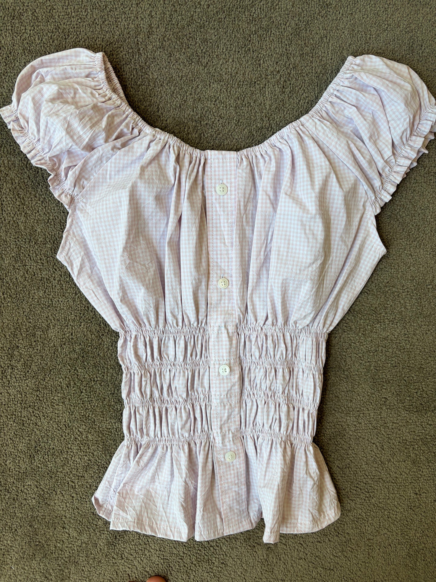 Vintage Blush Gingham Shirred Peplum Blouse with Ruffle Sleeves