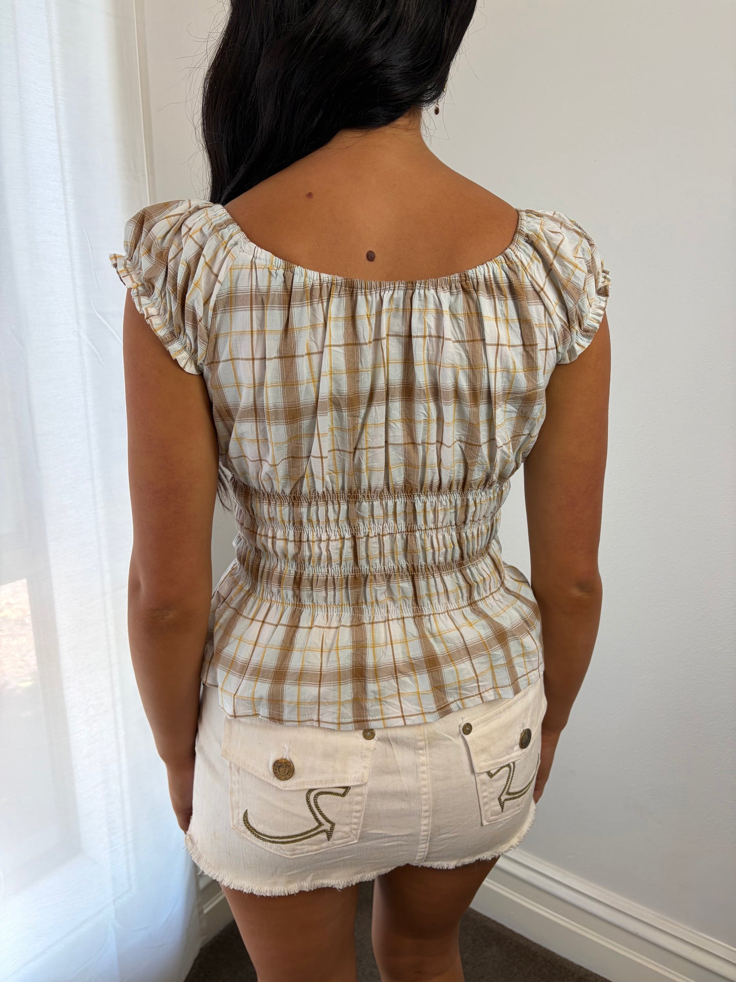 Romantic Plaid Shirred Blouse