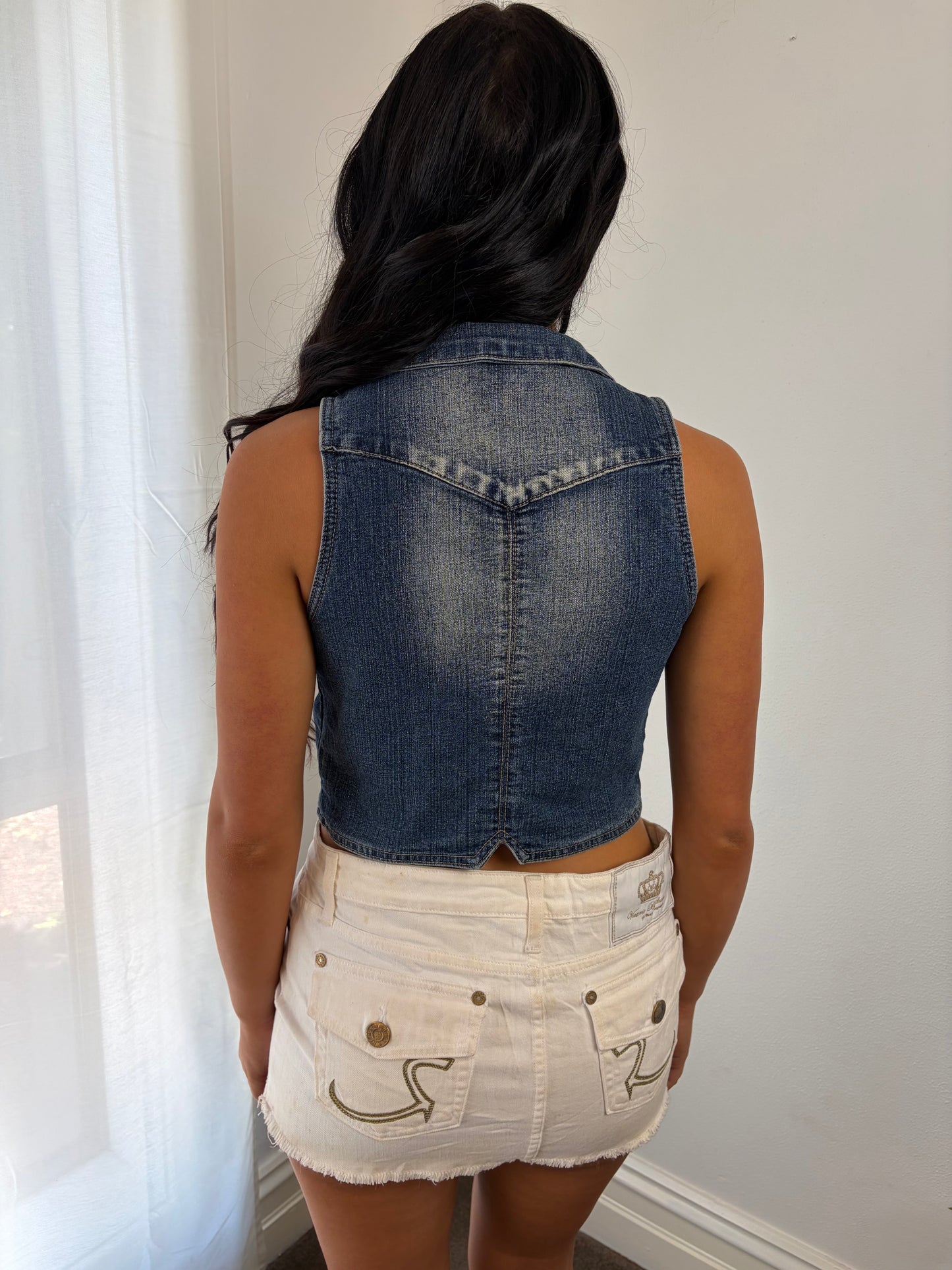 Vintage Indigo Denim Halter Vest Top with Plunge Neckline
