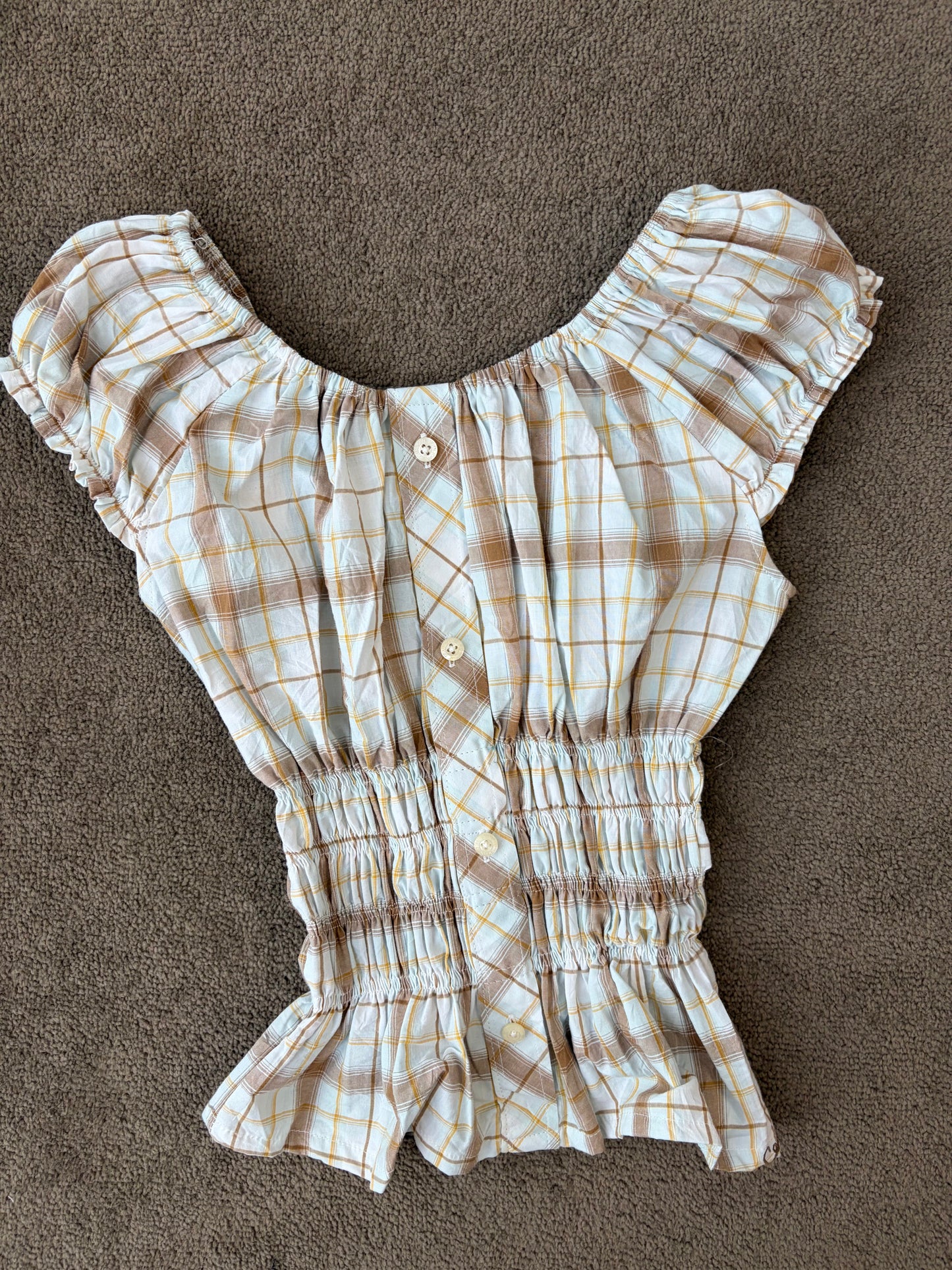 Romantic Plaid Shirred Blouse