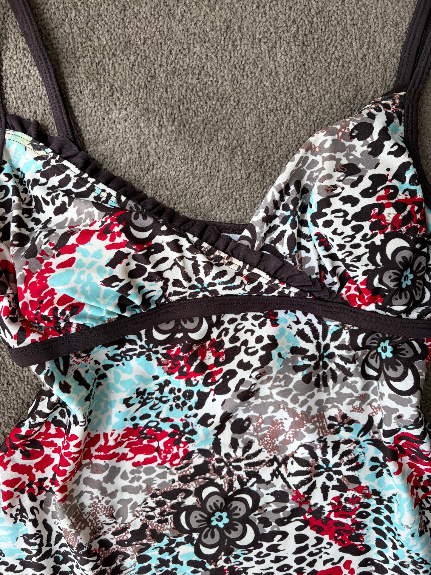 Vintage Abstract Animal-Print Ruffle Cami Top in Chocolate,