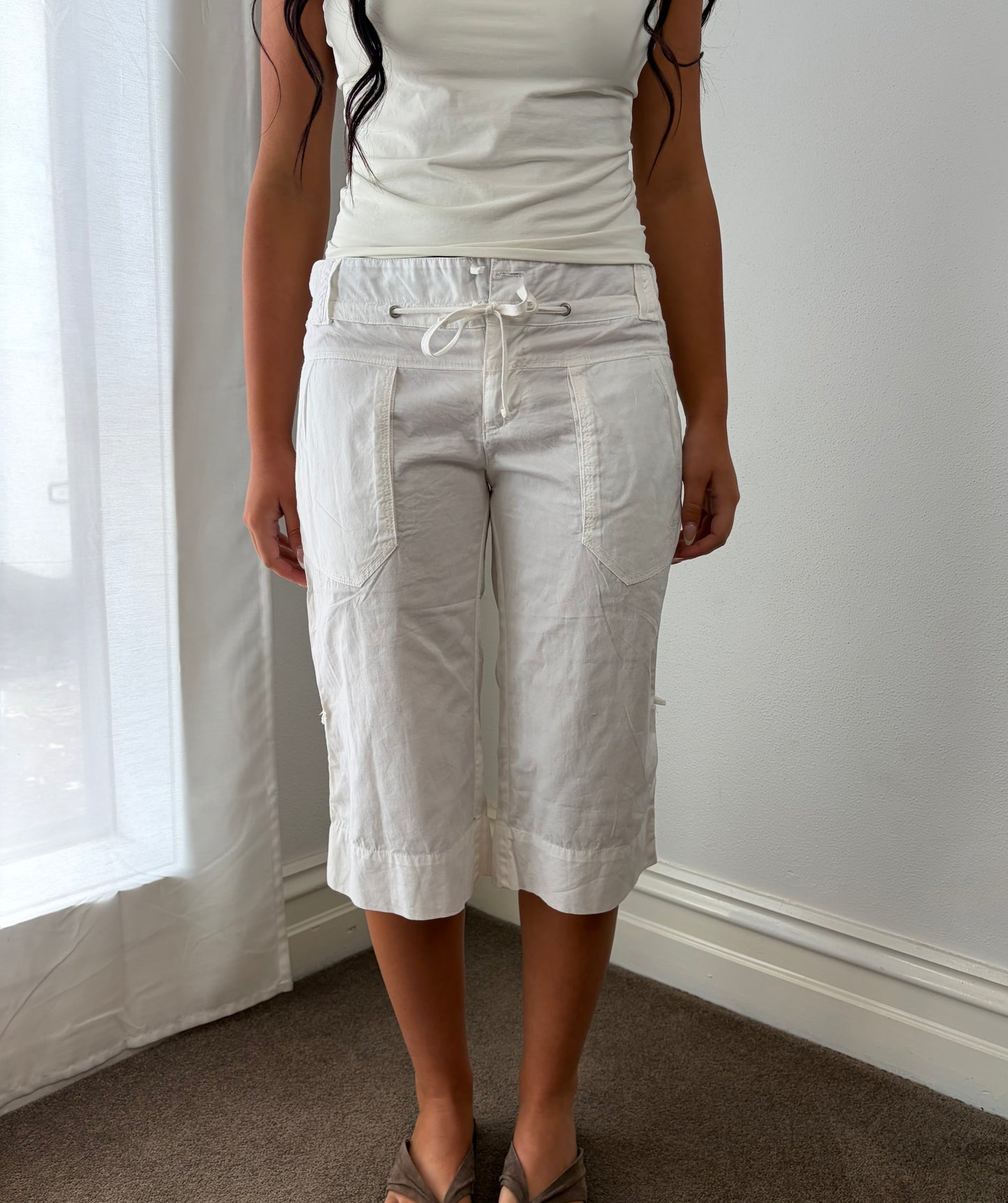 Vintage White Drawstring Capri Pants