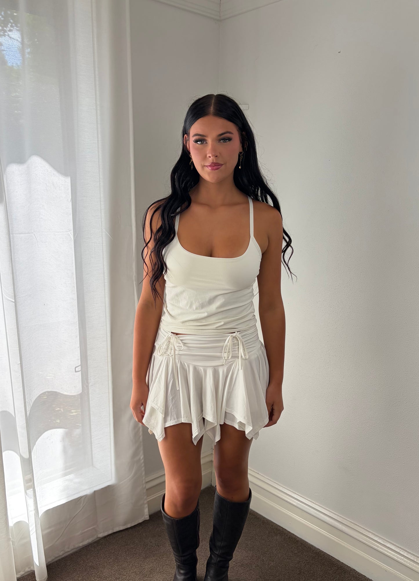 Vintage Ivory Ruched Tie-Waist  Mini Skirt