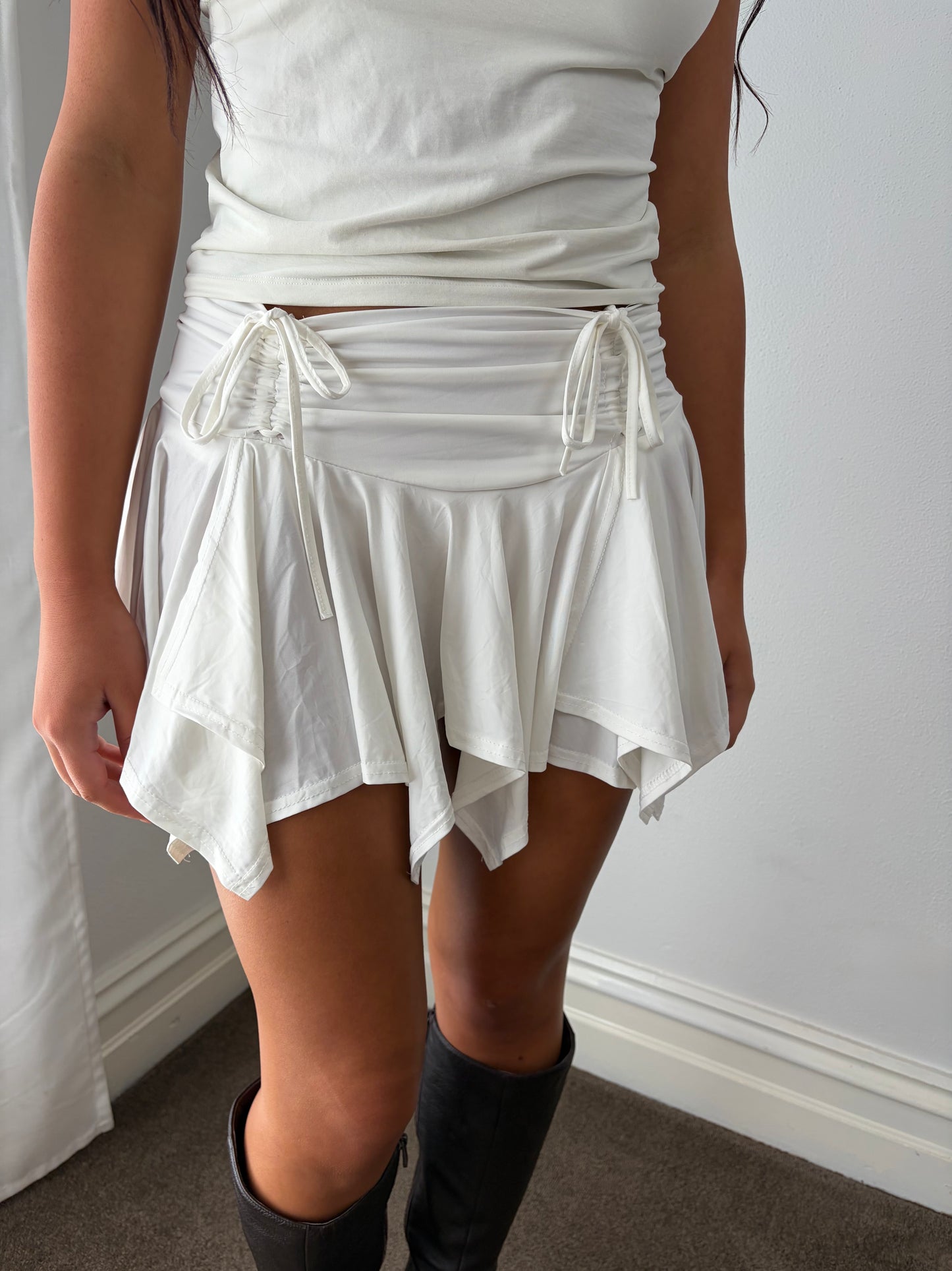 Vintage Ivory Ruched Tie-Waist  Mini Skirt