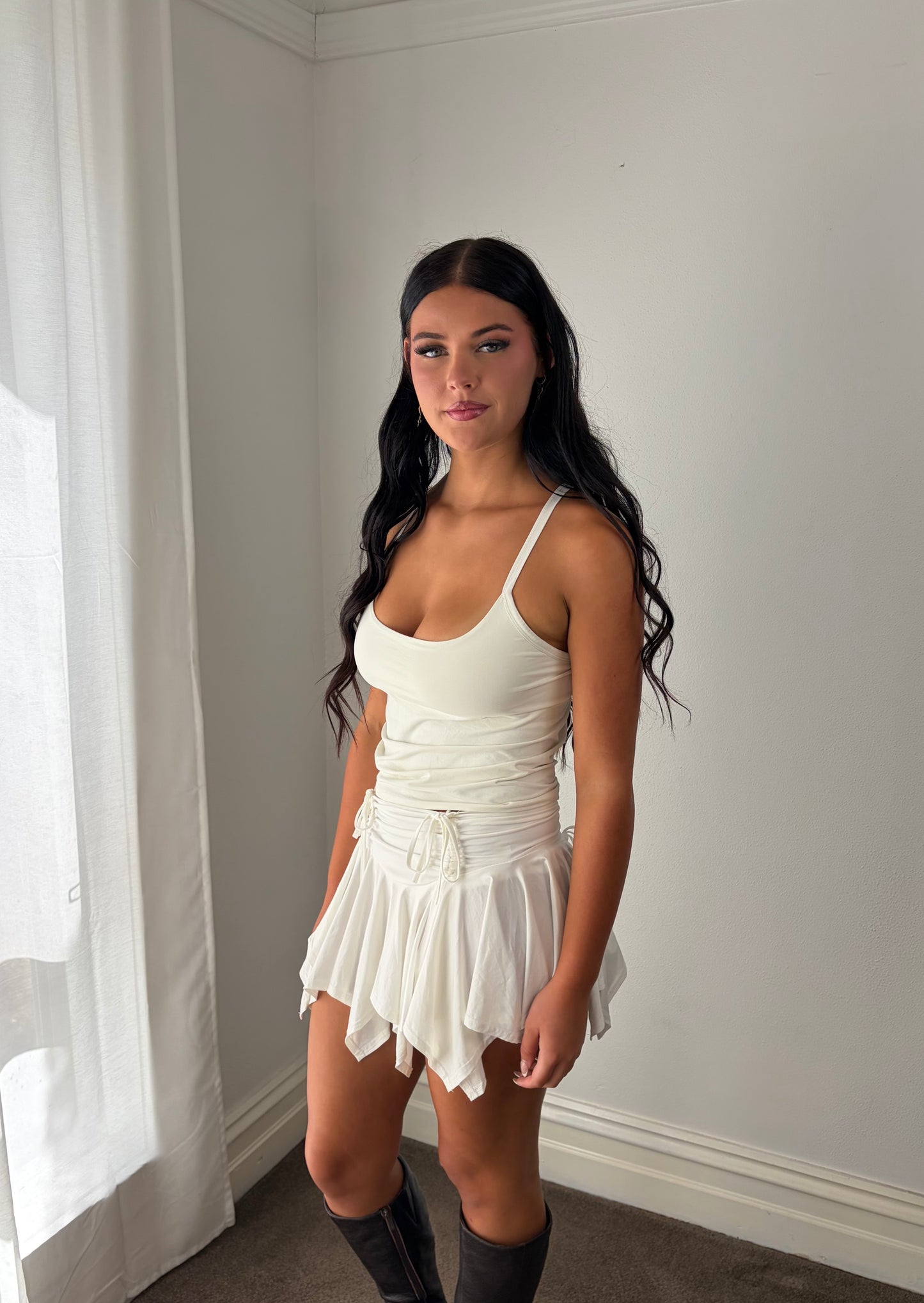 Vintage Ivory Ruched Tie-Waist  Mini Skirt